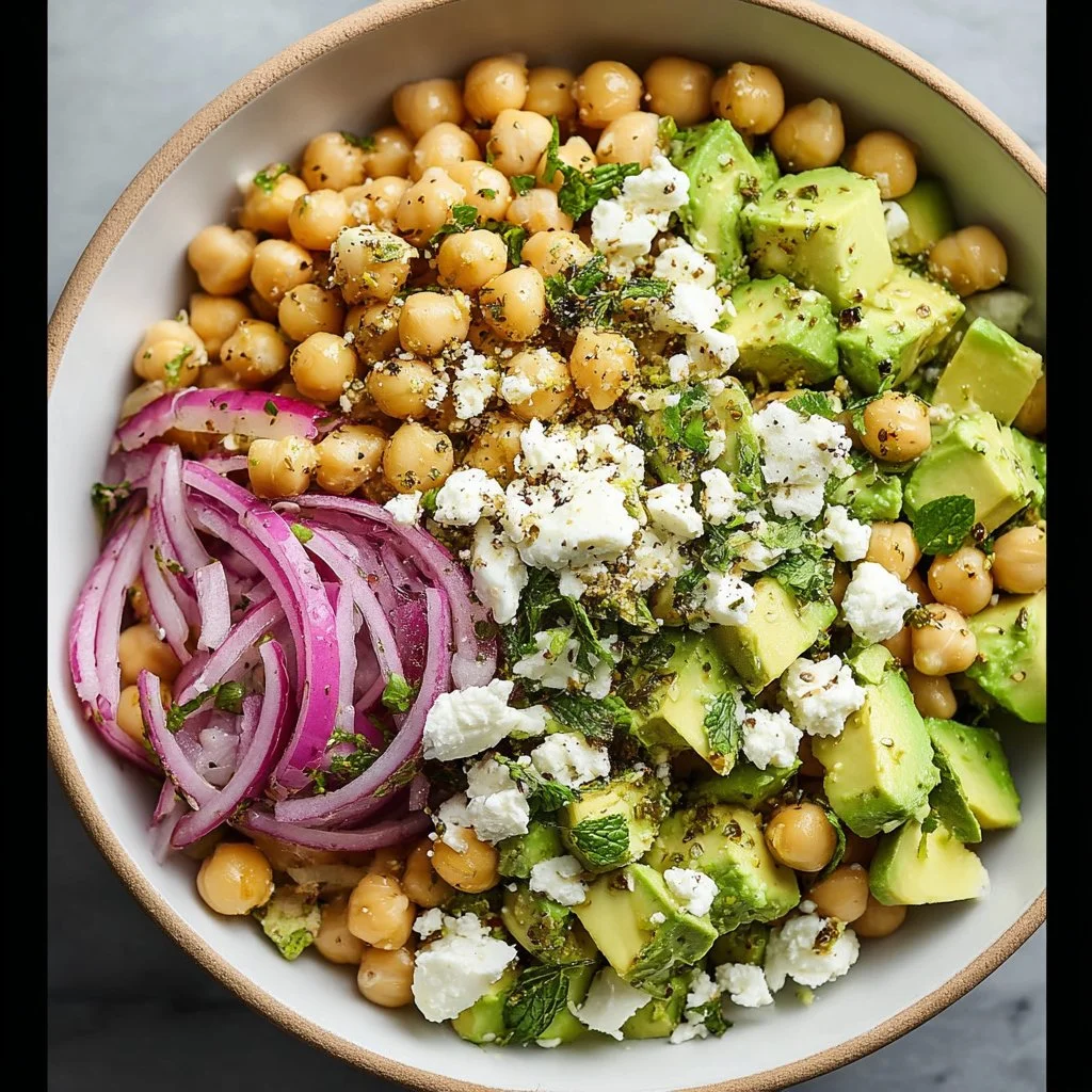 Chickpea Feta Avocado Salad with vibrant vegetables and fresh herbs