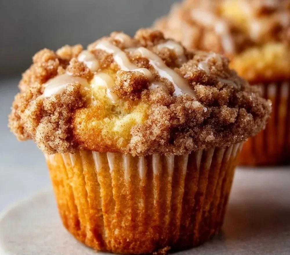 Freshly baked coffee cake muffins on a rustic wooden table