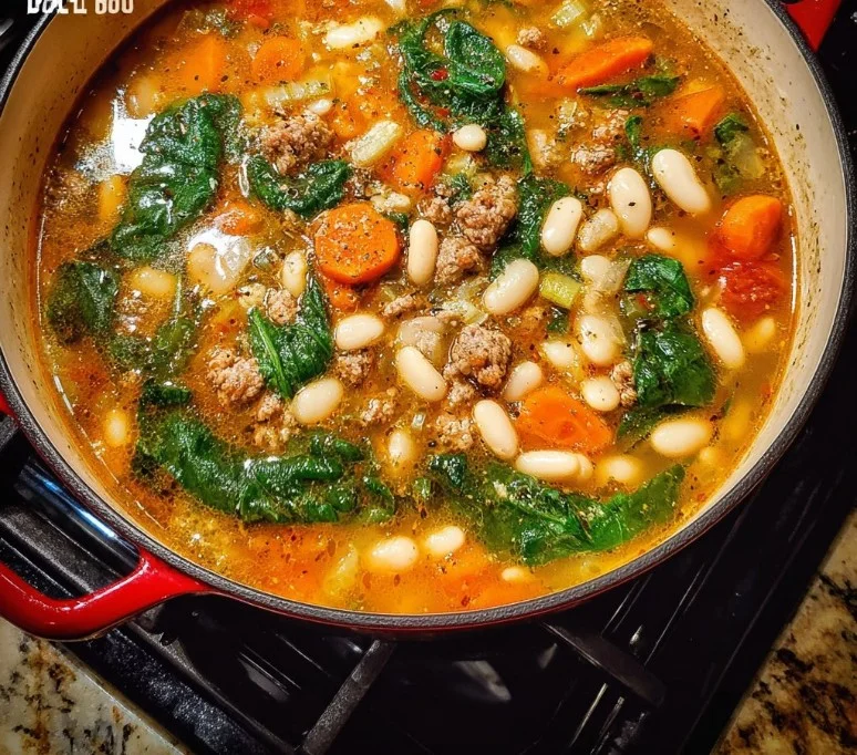 A comforting bowl of Tuscan white bean soup garnished with herbs and bread