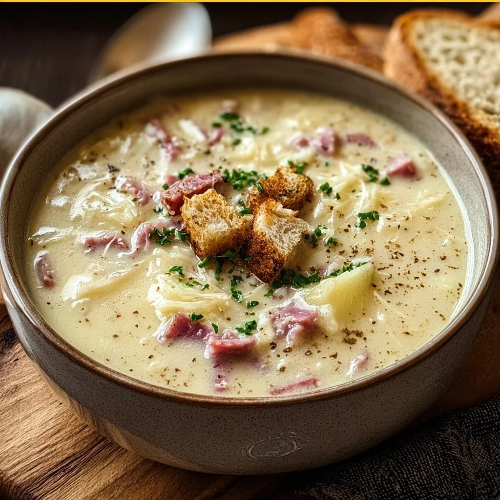 Home 2 Bowl of creamy Reuben soup with corned beef, sauerkraut, and cheese