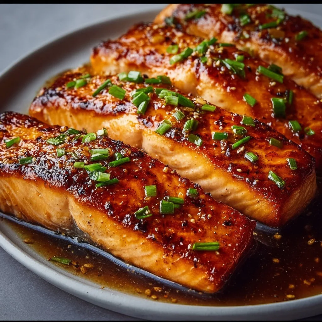 Crispy honey garlic glazed salmon served with vegetables on a plate