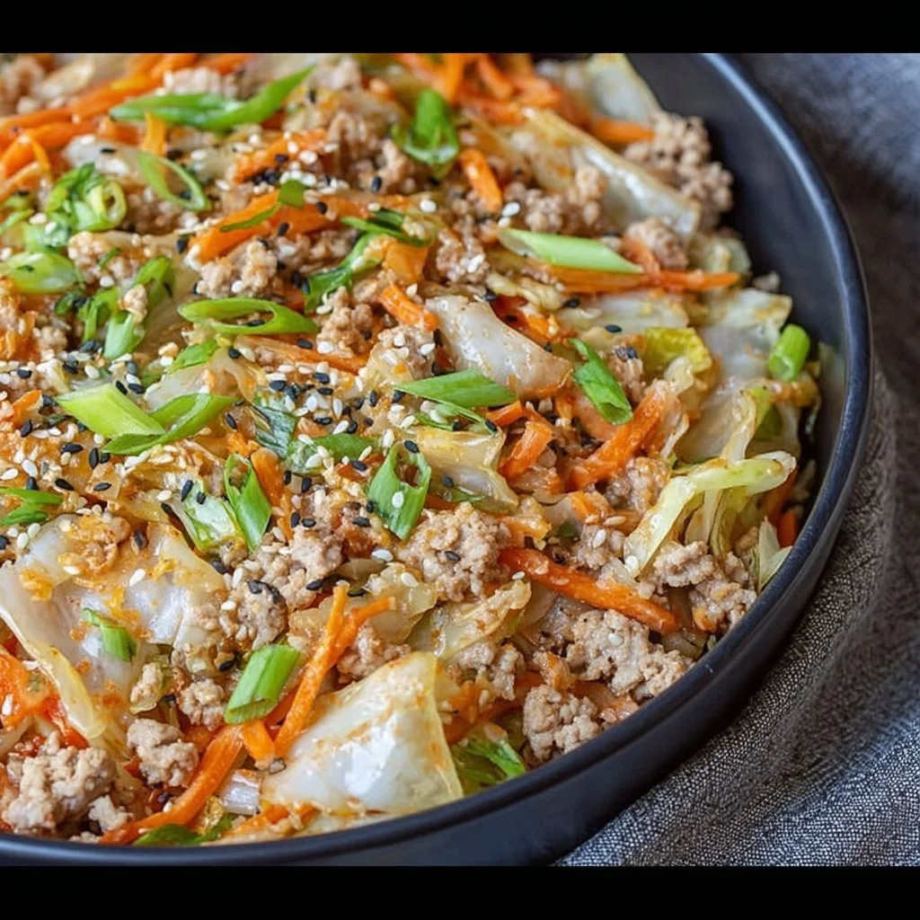A colorful bowl of egg roll in a bowl recipe with veggies and protein