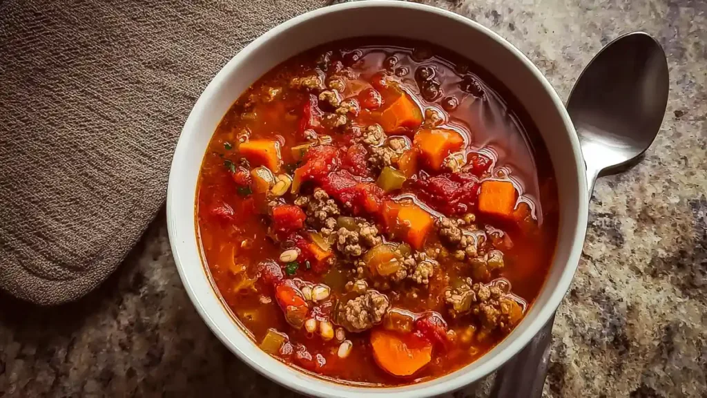 Bowl of tomato-based soup with ground beef, barley, carrots, and diced tomatoes