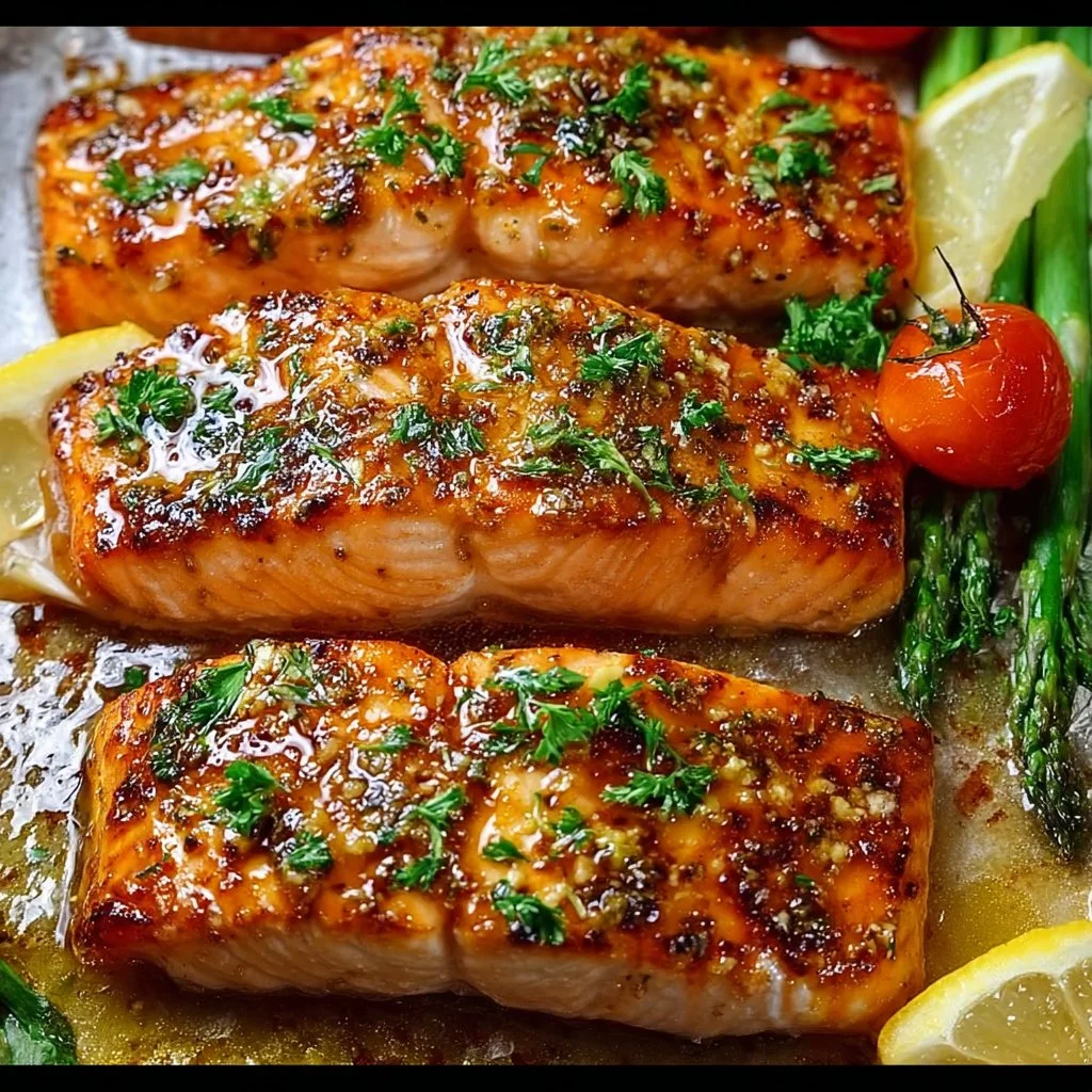 Garlic Butter Honey Baked Salmon served on a plate with herbs and lemon.