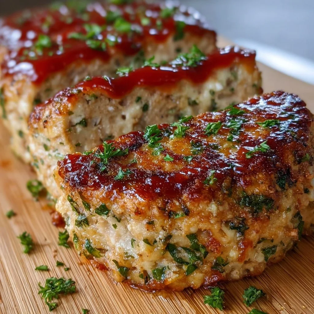 Garlic Parmesan Chicken Meatloaf garnished with herbs and cheese on a plate