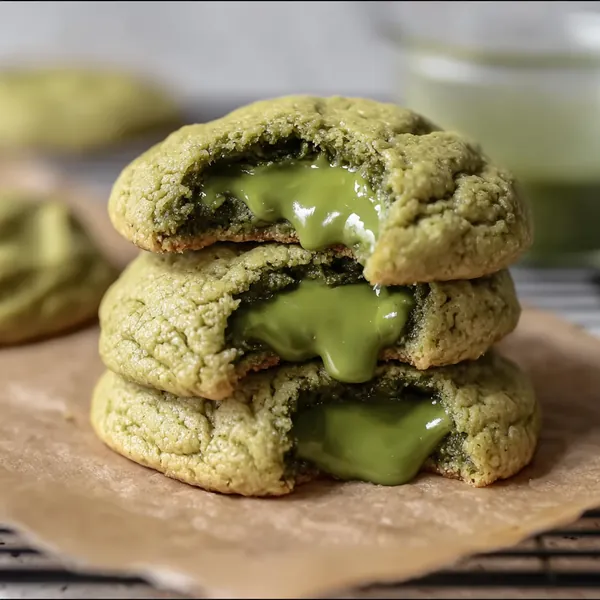 Stack of gooey matcha cookies with creamy green tea filling melting from each bite