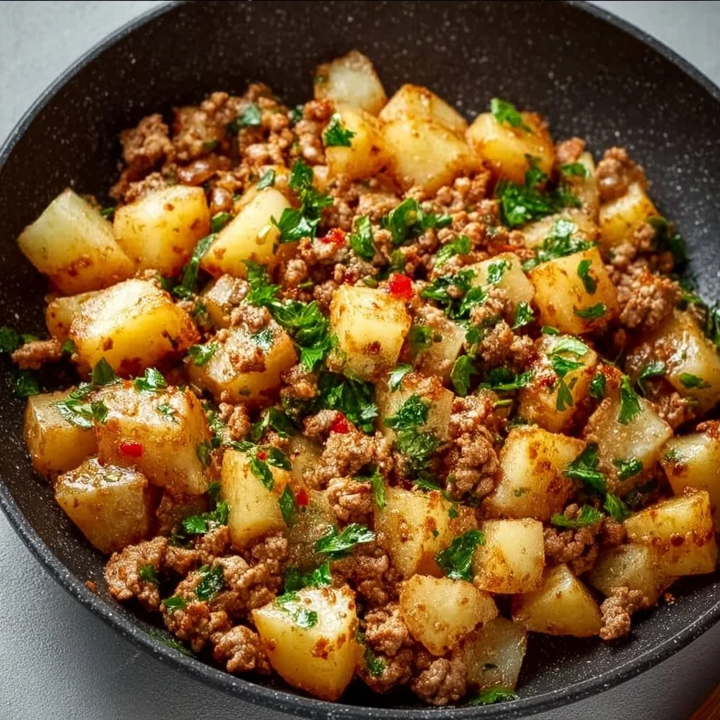 Skillet dish of ground turkey and potatoes cooked together