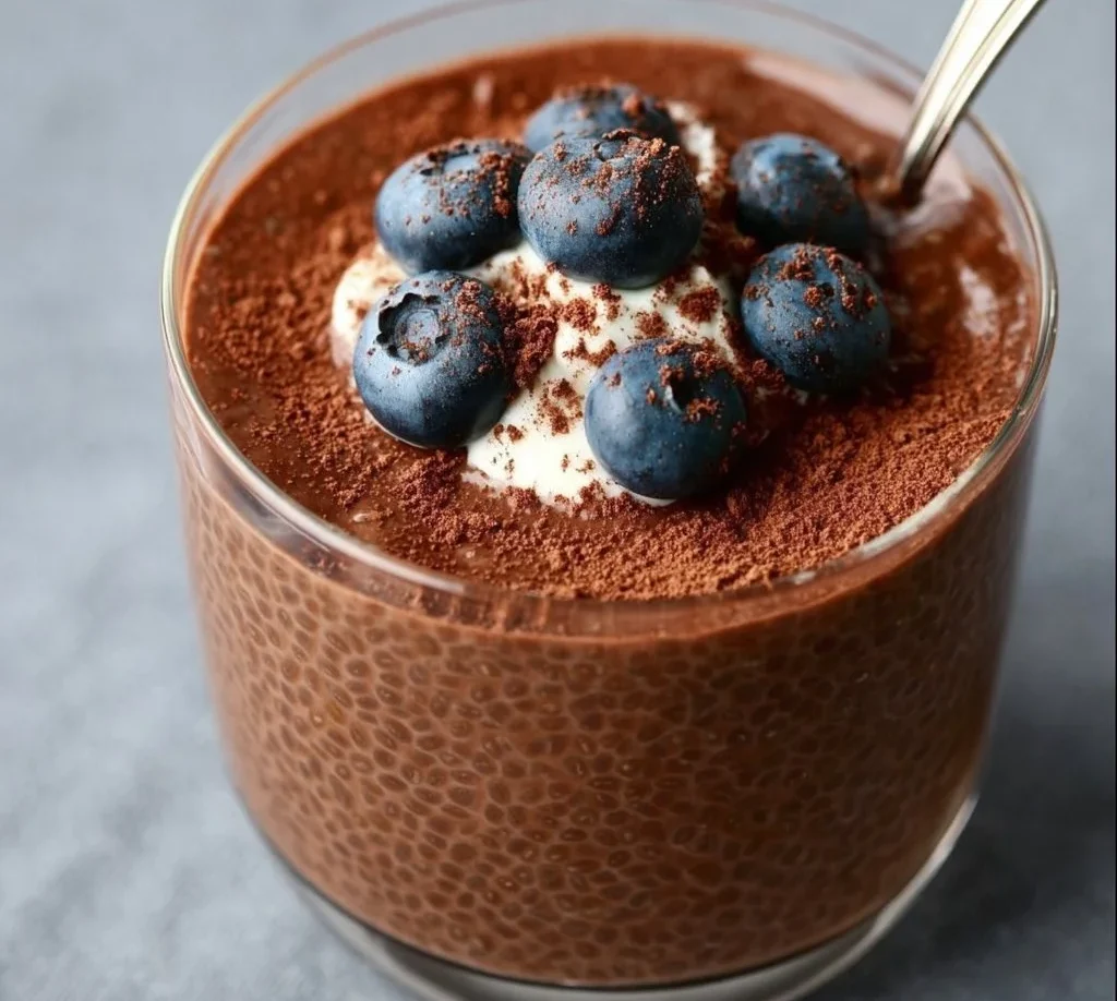 High Protein Chocolate Chia Seed Pudding served in a bowl with toppings