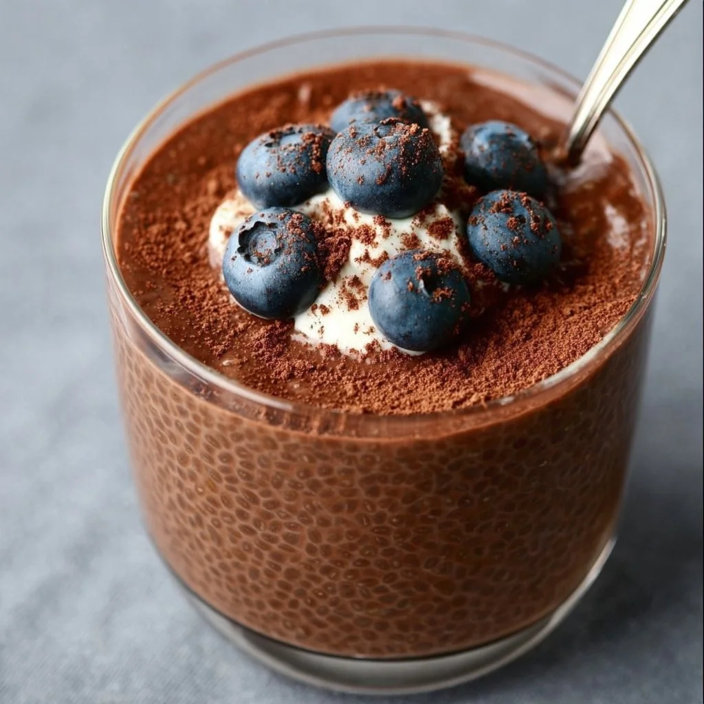 High Protein Chocolate Chia Seed Pudding 2 High protein chocolate chia pudding served in a bowl with toppings