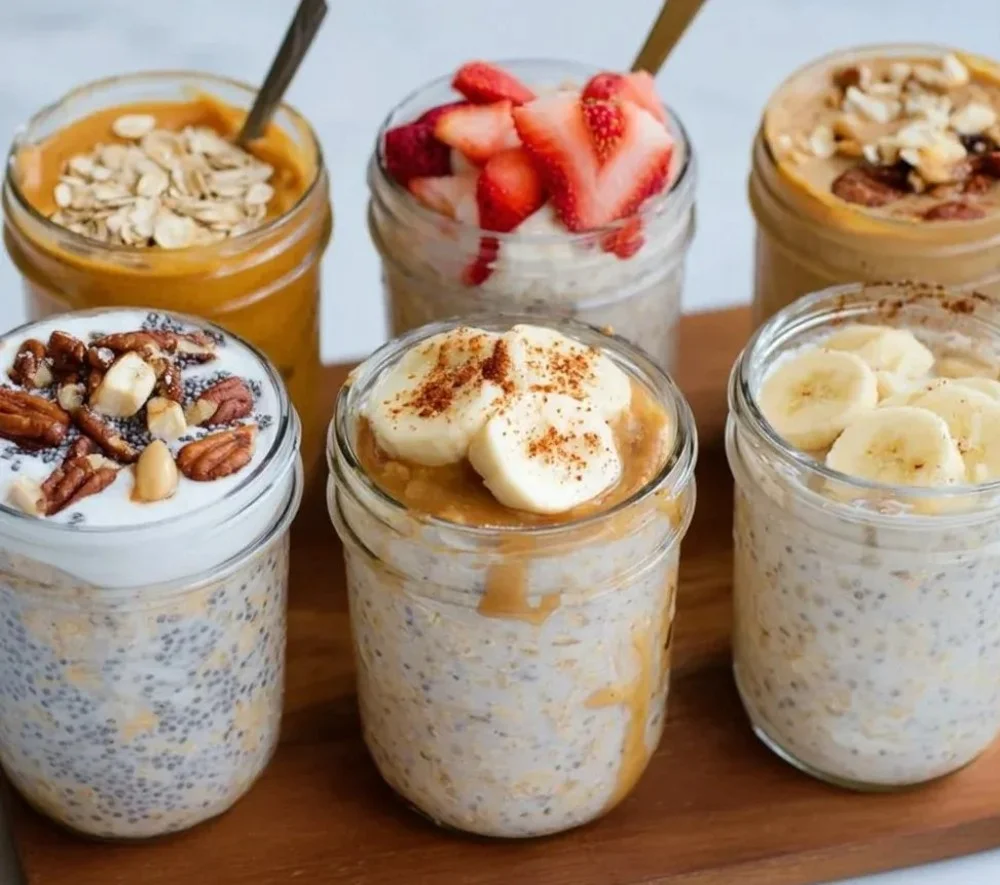 Bowl of high-protein overnight oats topped with fruits and nuts