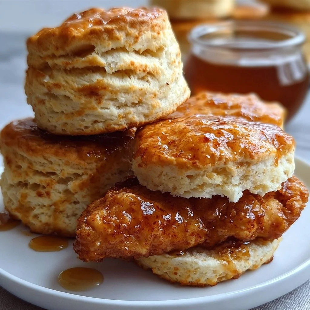Home 5 Hot Honey Chicken Biscuits with a drizzle of honey and crispy chicken
