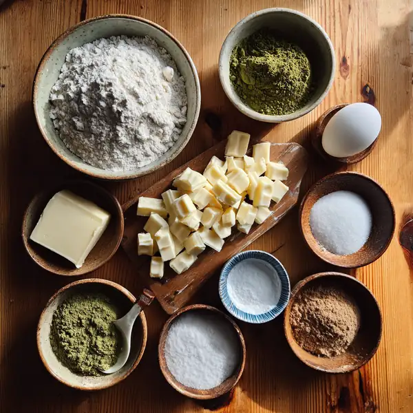 Flat lay of matcha cookie ingredients including flour, butter, sugar, egg, and matcha powder on wooden table