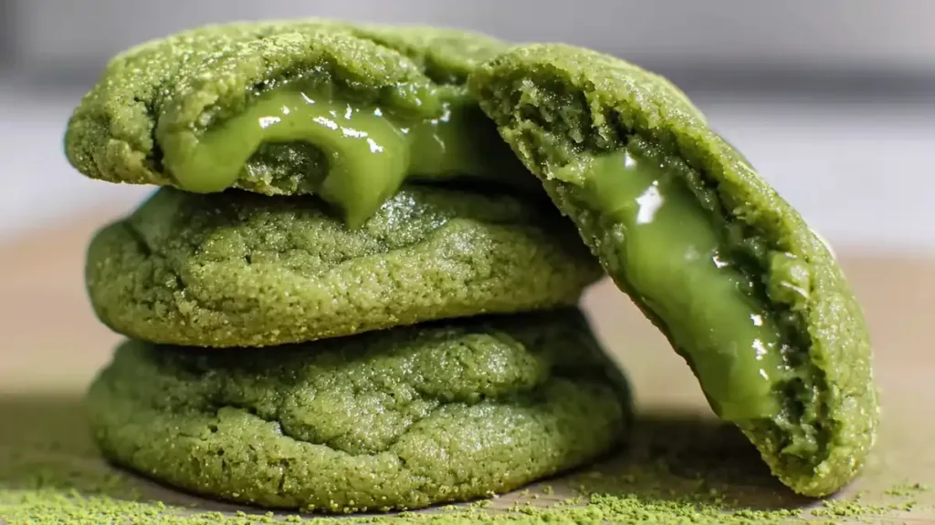 Stack of green Matcha-Filled Gooey Lava Cookies filling oozing out of broken top cookie