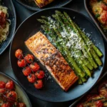 baked garlic butter salmon with roasted cherry tomatoes, asparagus, and lemon slices