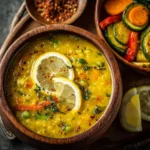 hearty lemon chicken lentil soup with carrots, parsley, and cracked pepper in a white ceramic bowl