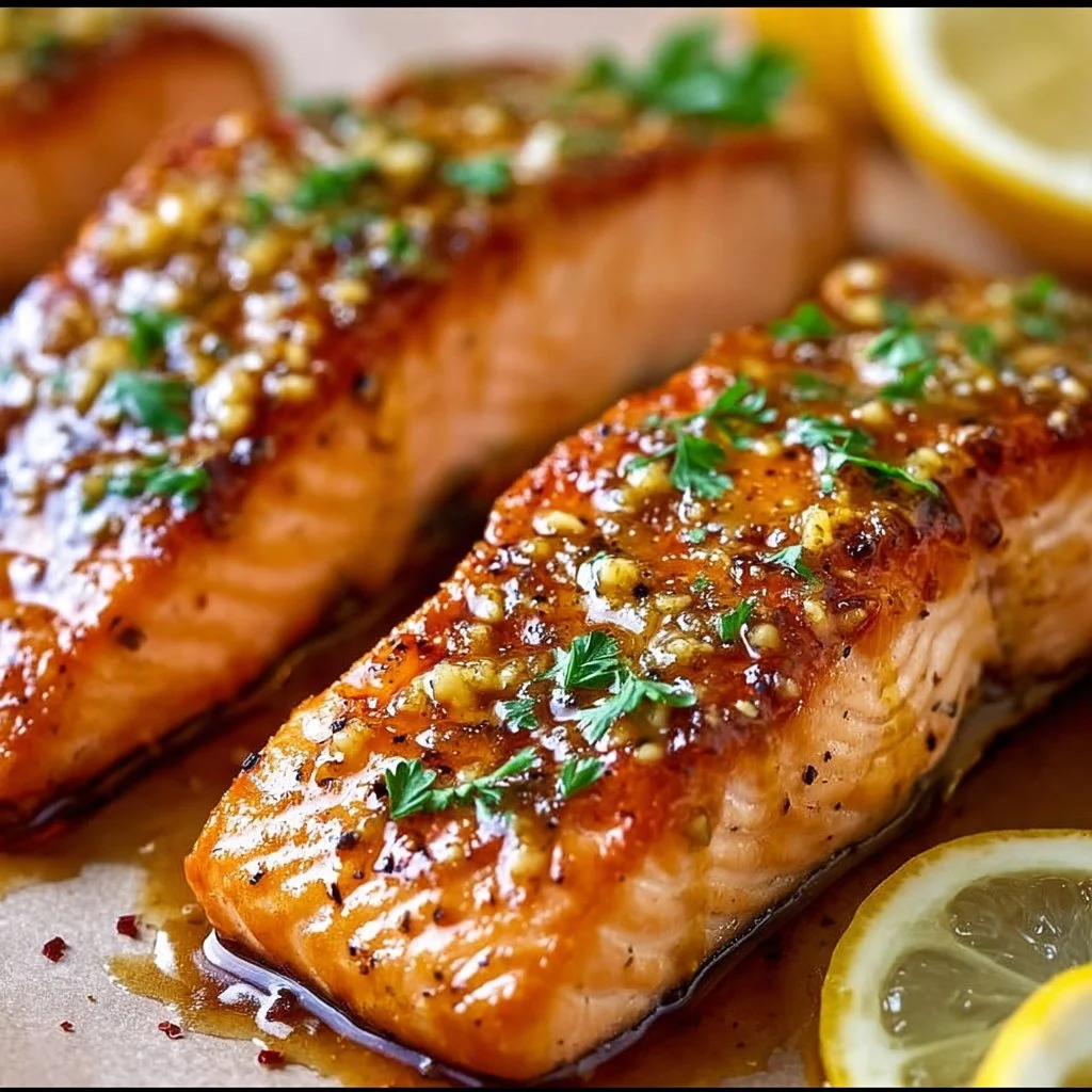 Maple Dijon glazed baked salmon served on a plate with fresh herbs.