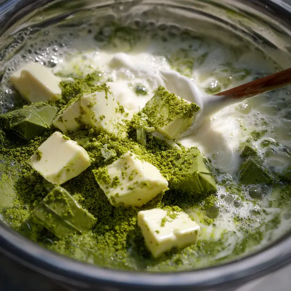 Melting cubes of butter and matcha chocolate with cream in a pan, being stirred