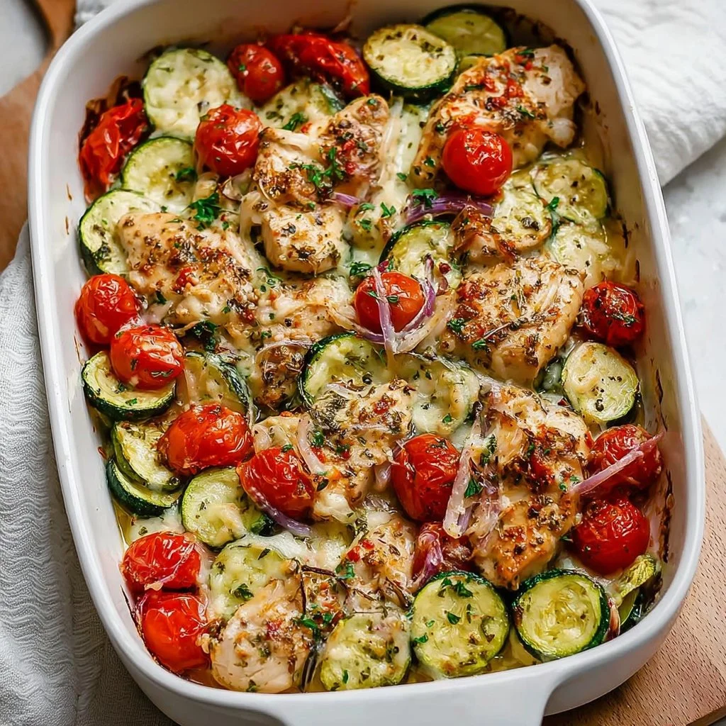 Healthy Mediterranean Chicken Zucchini Bake with fresh vegetables and herbs