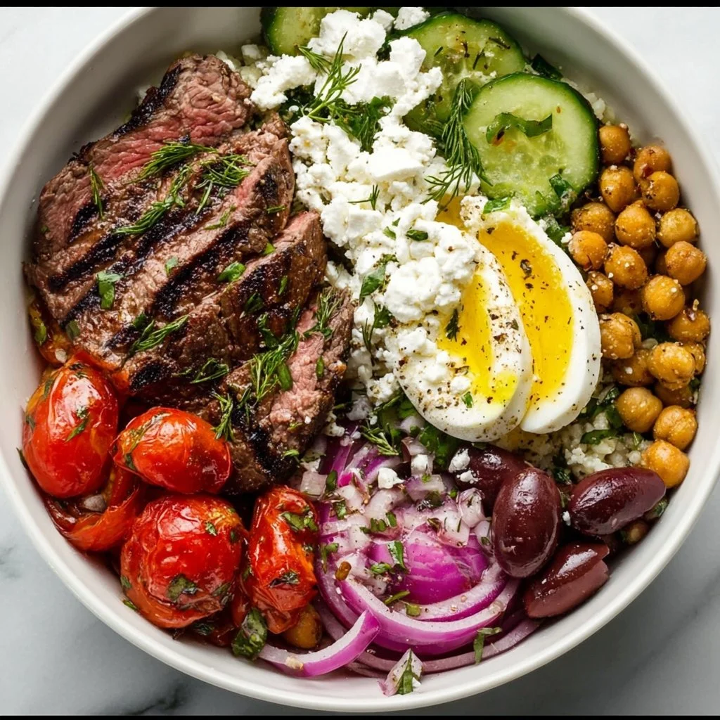 Mediterranean Steak Bowl with vibrant veggies and tender grilled steak