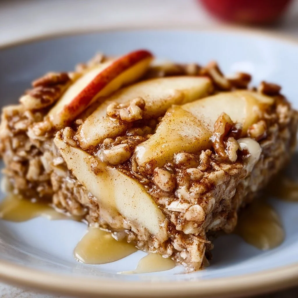 Healthy Oatmeal Apple Breakfast Bake, topped with fresh apples and nuts.
