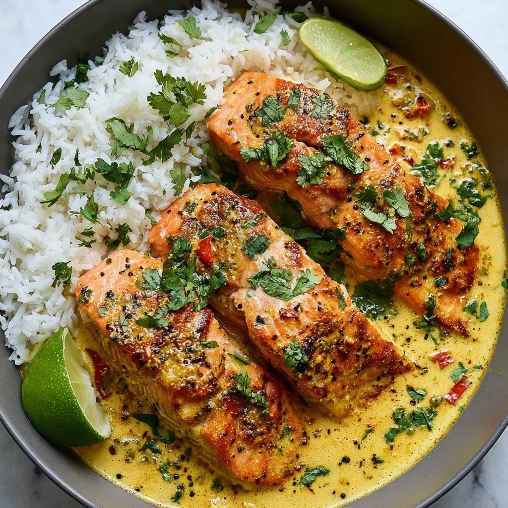 One-Pan Coconut Curry Salmon served with Garlic Butter on a wooden table
