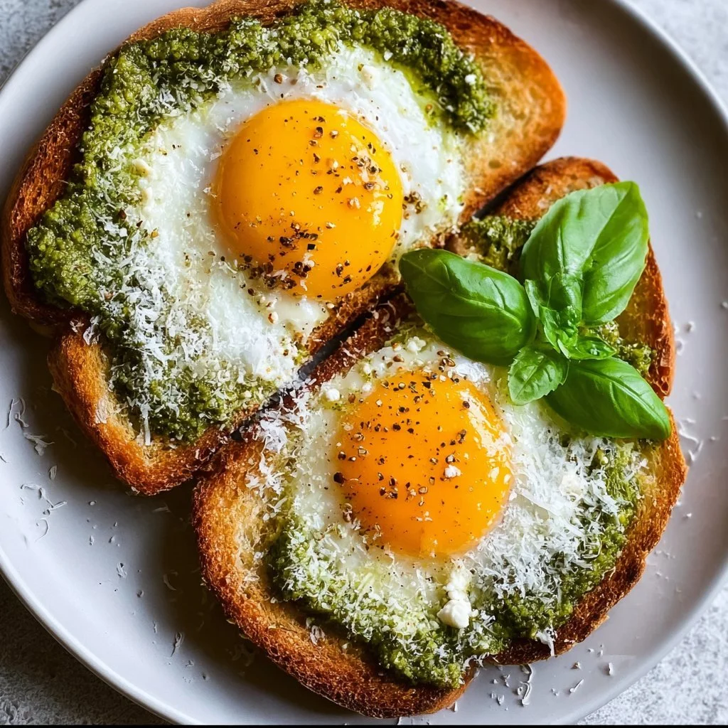 Delicious pesto eggs on toast garnished with fresh herbs