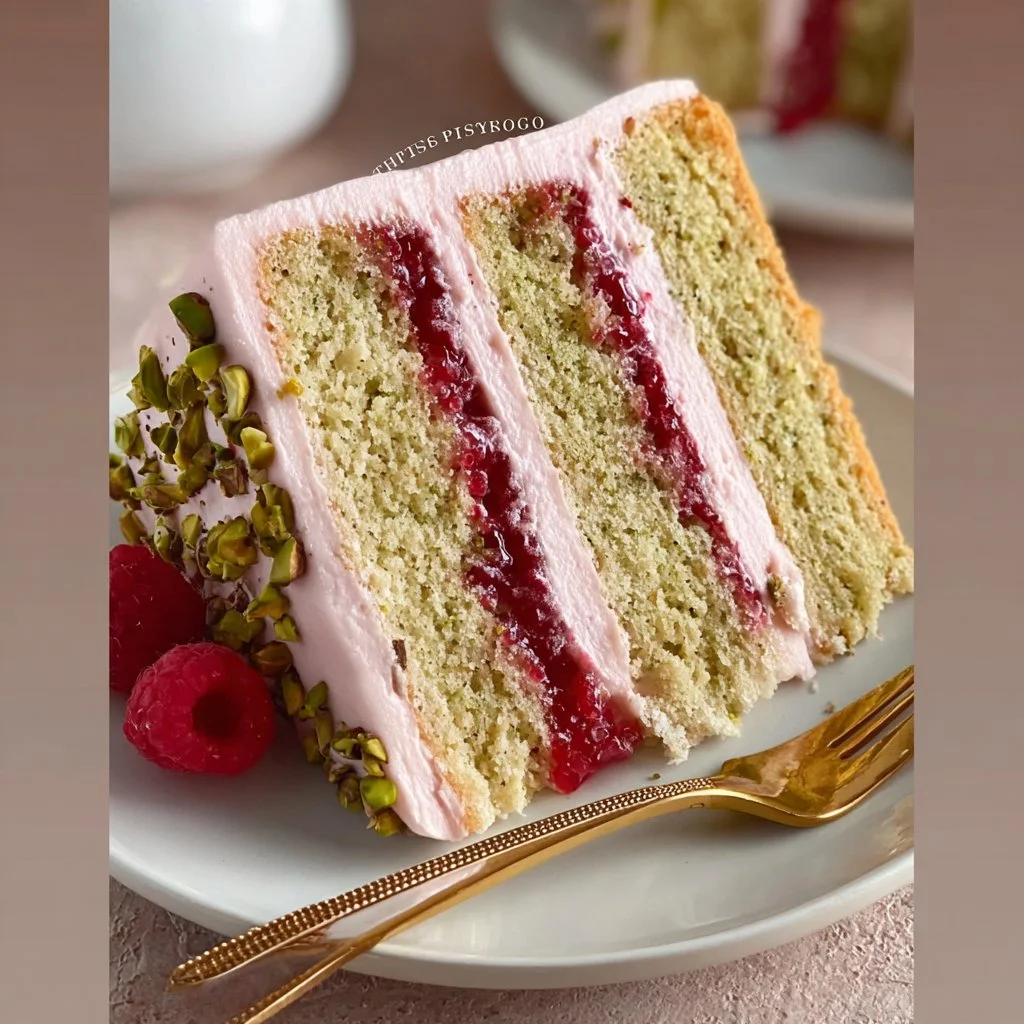 Slice of pistachio layer cake with raspberry jam and fresh raspberry buttercream.