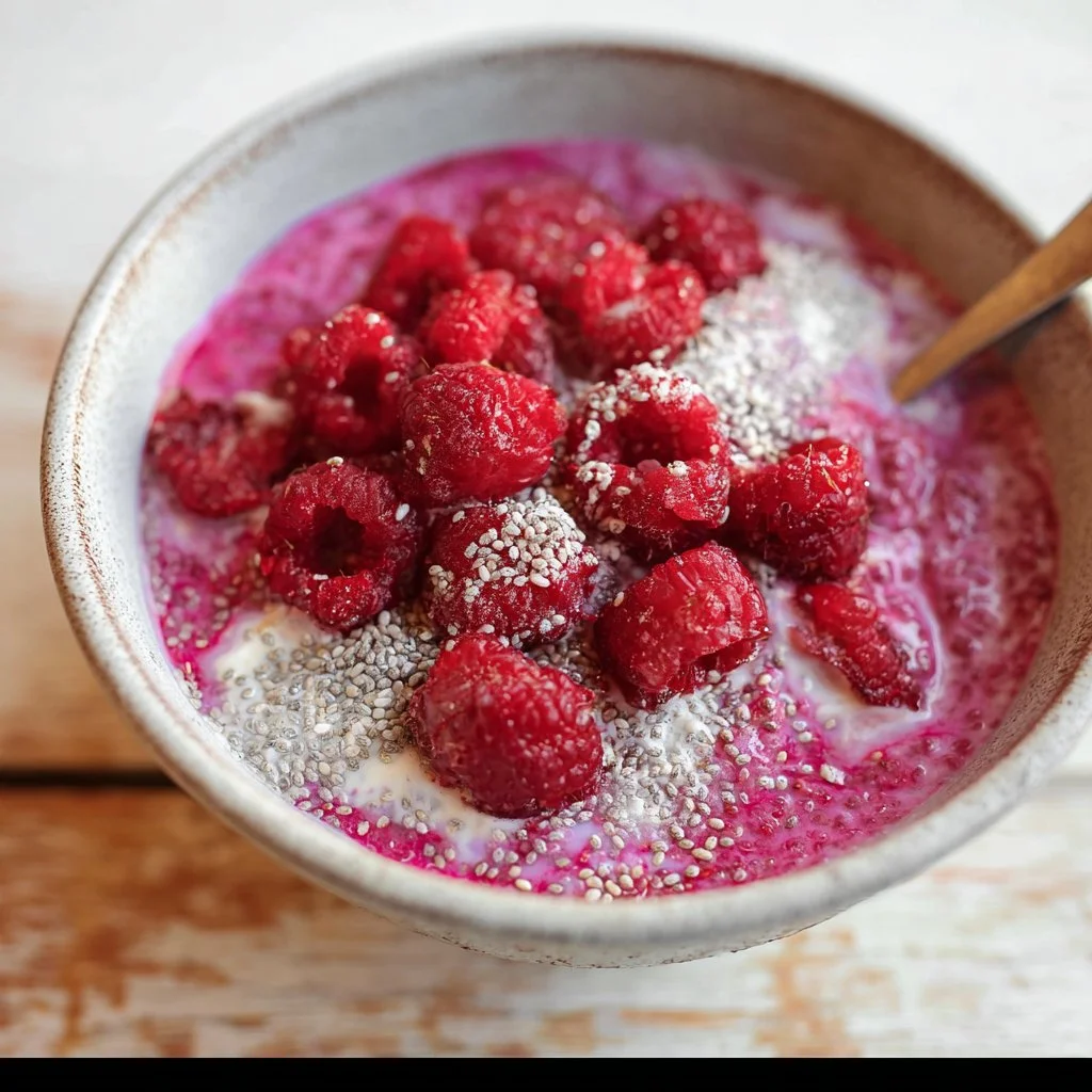 Home 2 Delicious Raspberry Chia Pudding served in a bowl with fresh raspberries on top