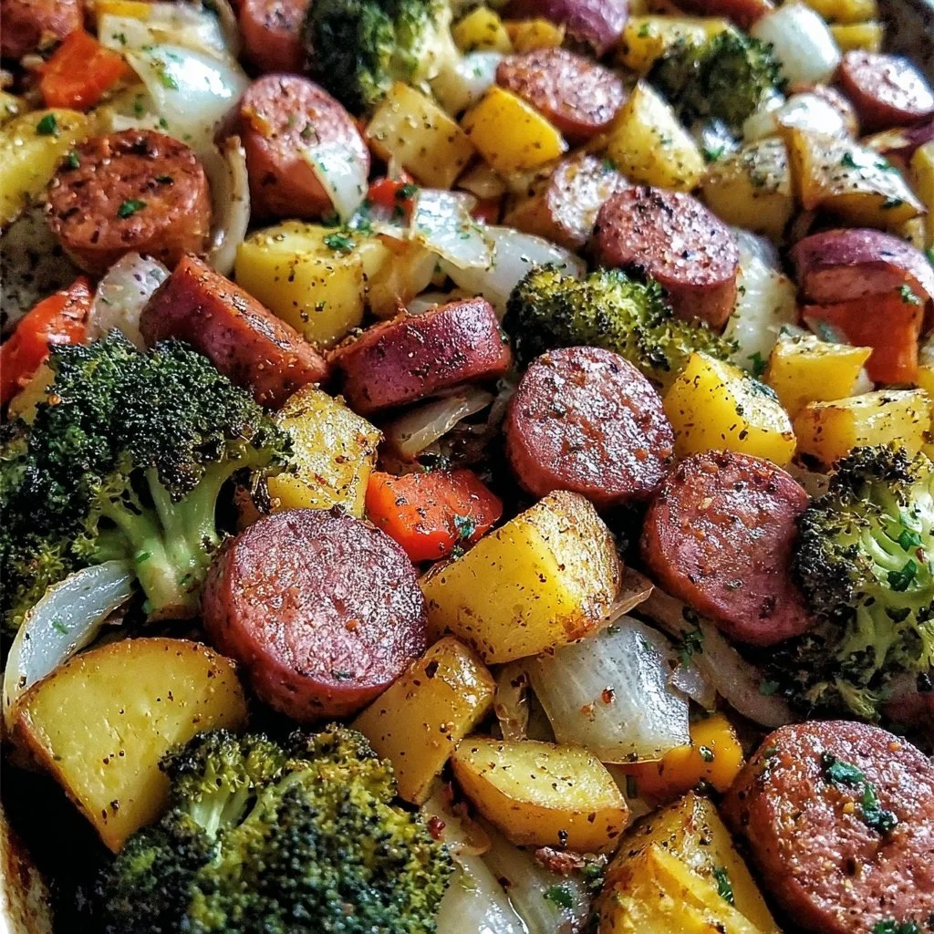 Home 5 Sheet pan sausage with assorted colorful veggies ready to be served.