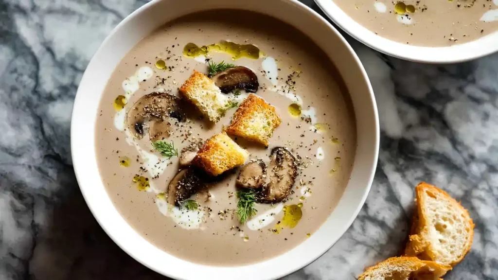 Mushroom Soup 2 creamy mushroom soup topped with sautéed mushrooms, golden croutons, and fresh dill