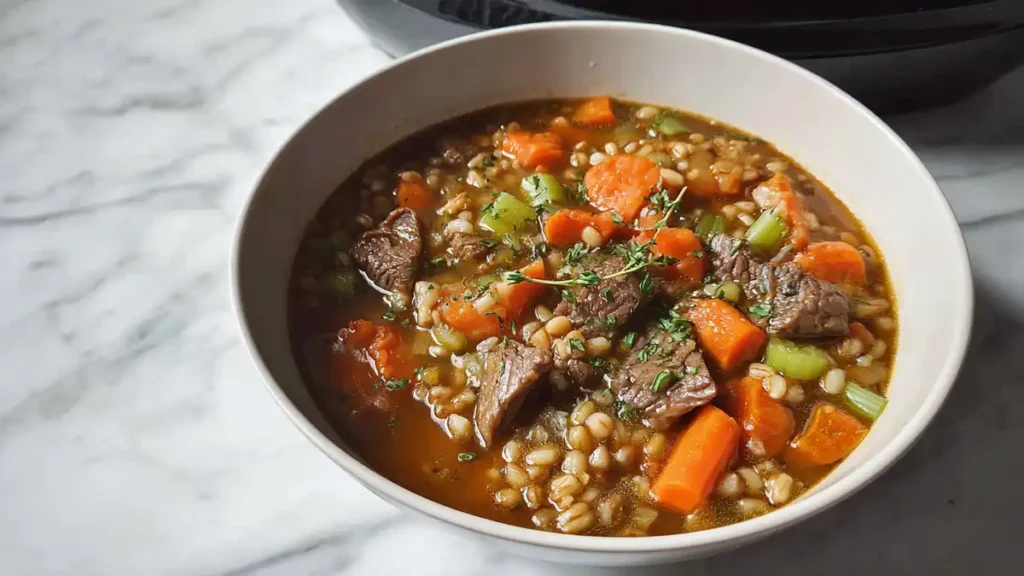 Slow Cooker Beef Barley Soup 2 hearty beef barley soup with tender beef chunks, carrots, celery, and fresh thyme