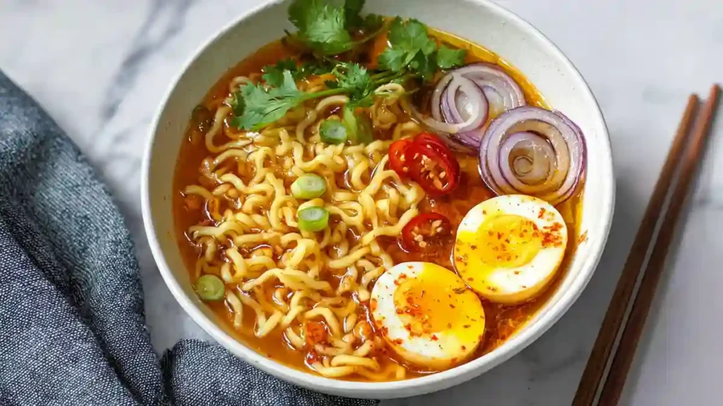 Spicy Ramen 4 spicy ramen noodle bowl with soft-boiled eggs, red onions, chili peppers, and fresh herbs