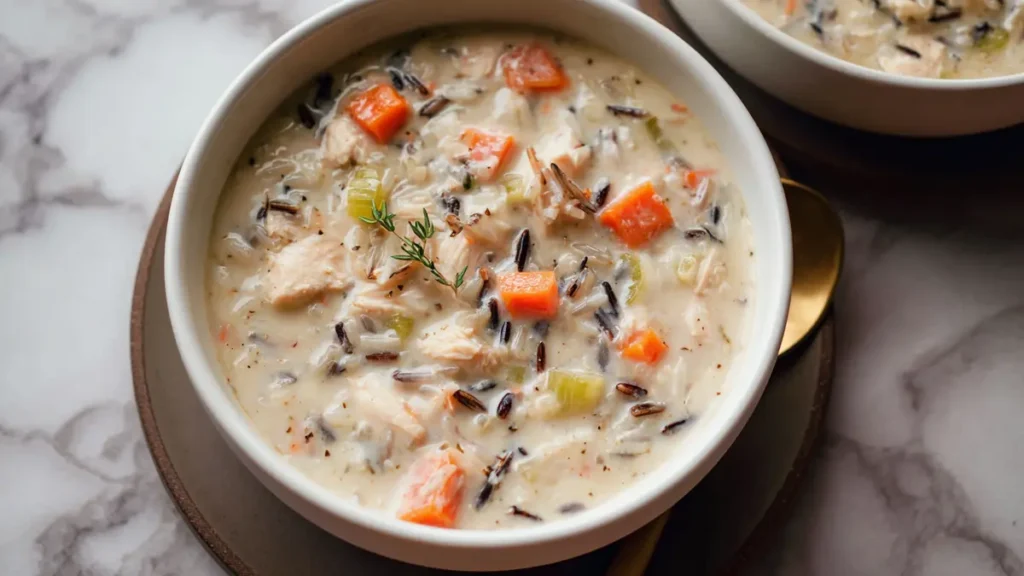 Creamy Chicken and Wild Rice Soup 2 creamy wild rice soup with chicken, carrots, celery, and herbs in a thick broth
