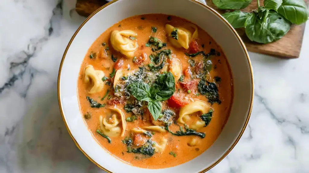 Creamy Tortellini Soup 2 tomato basil soup with cheese tortellini, spinach, and parmesan in a creamy broth