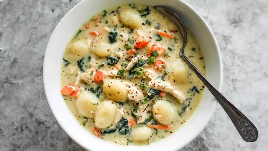Olive Garden Chicken Gnocchi Soup 2 creamy chicken gnocchi soup with spinach, carrots, and shredded chicken in a white bowl