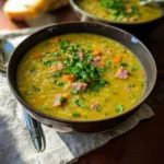 hearty split pea soup with ham chunks, carrots, celery, and herbs in a bowl on marble surface