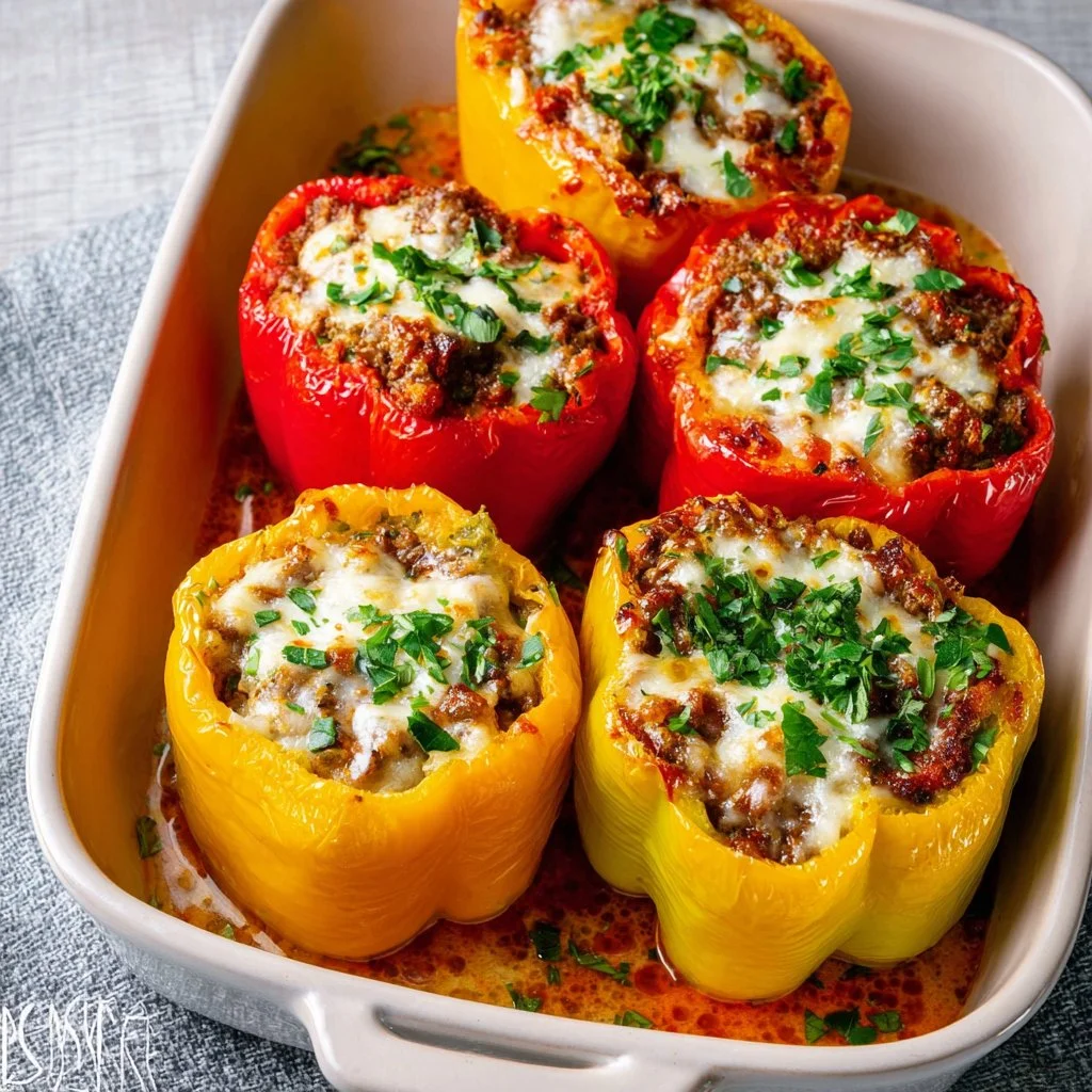 Colorful stuffed peppers filled with savory ingredients on a plate
