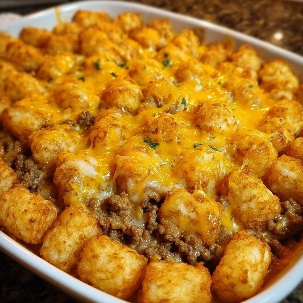 Deliciously cheesy tater tot casserole served hot with a golden crust.