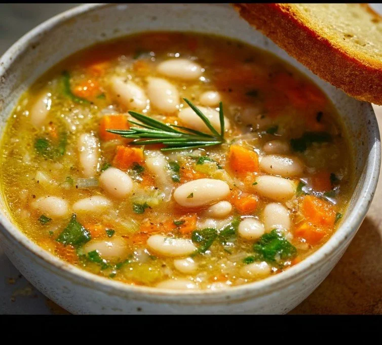 Home 3 A bowl of the best white bean soup garnished with herbs and served with bread.