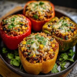 Vegetarian stuffed bell peppers filled with rice, vegetables, and spices.