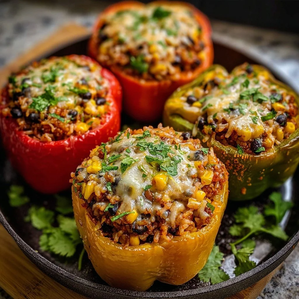 Home 3 Vegetarian stuffed bell peppers filled with rice, vegetables, and spices.