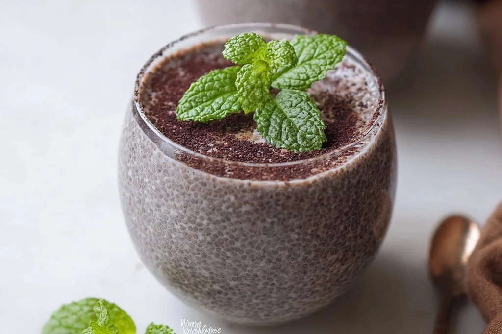 Protein mint chocolate chia pudding in a bowl topped with mint leaves.