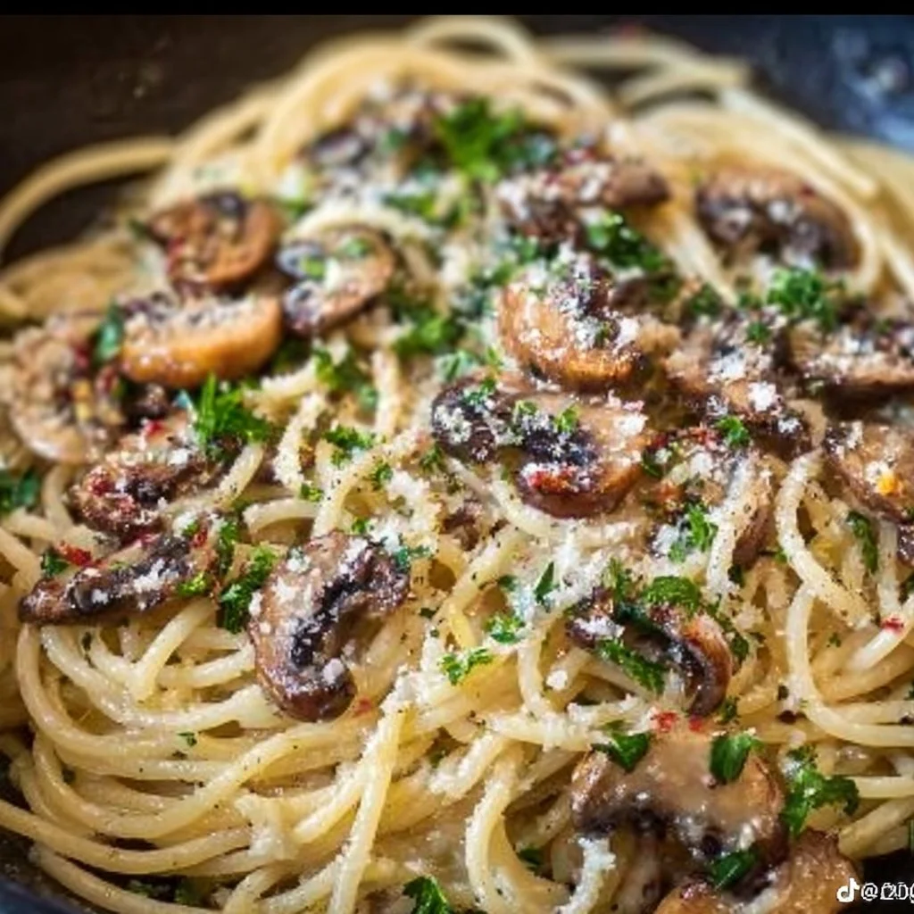 Delicious 15-minute spaghetti with sautéed mushroom and garlic sauce