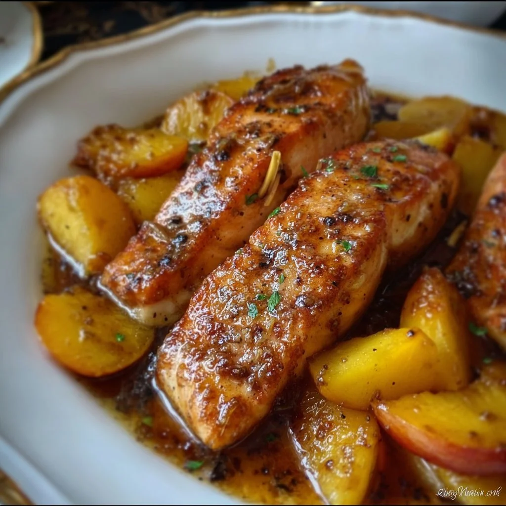 Bourbon peach roasted salmon garnished with herbs on a plate