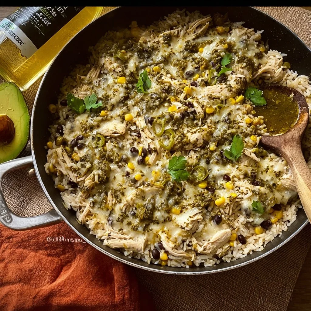 Delicious salsa verde chicken and rice skillet dish ready in 20 minutes.