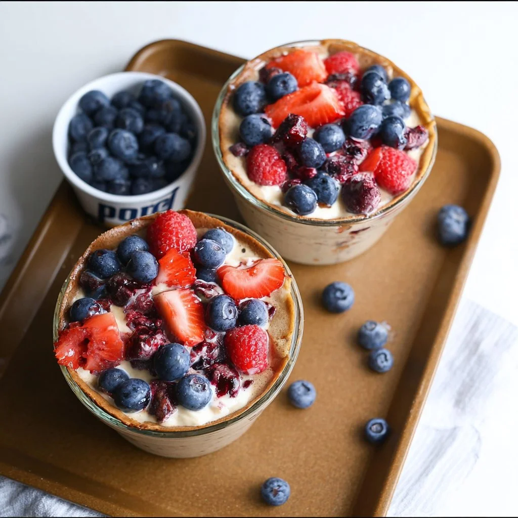 Protein pancake bowl with fresh mixed berries and 25g protein