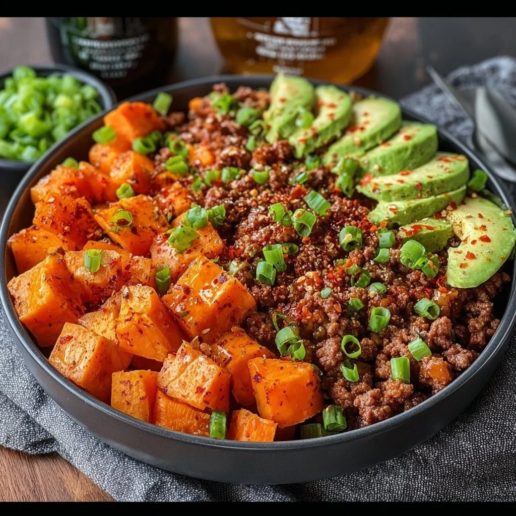 Ground beef and sweet potato protein bowl ready to serve in 30 minutes