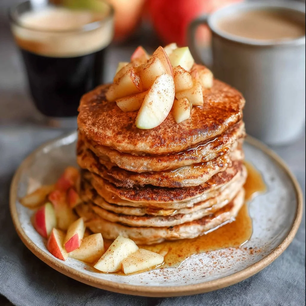 High-protein apple cinnamon protein pancakes served on a plate.