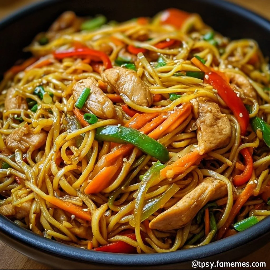 High-protein chicken lo mein dish served in a bowl, ready to eat.