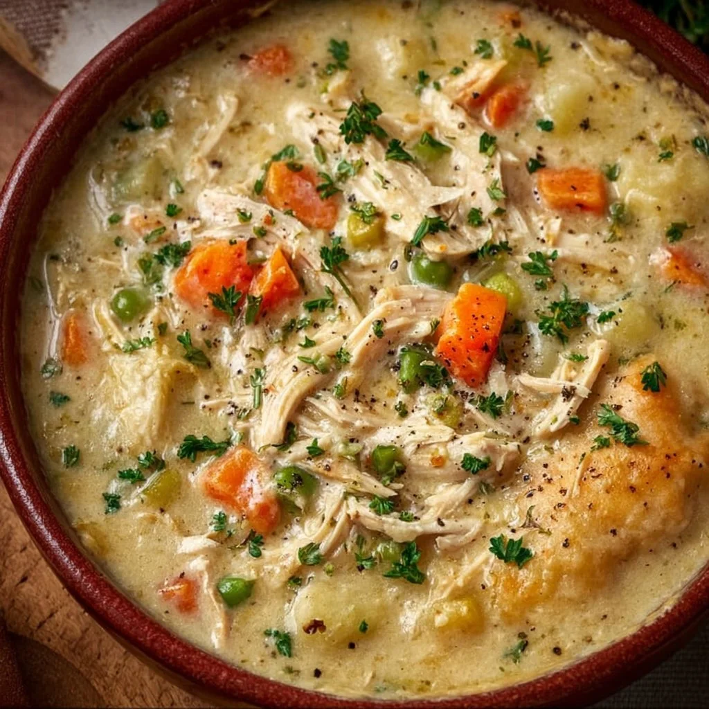 A hearty bowl of high protein chicken pot pie soup with vegetables.